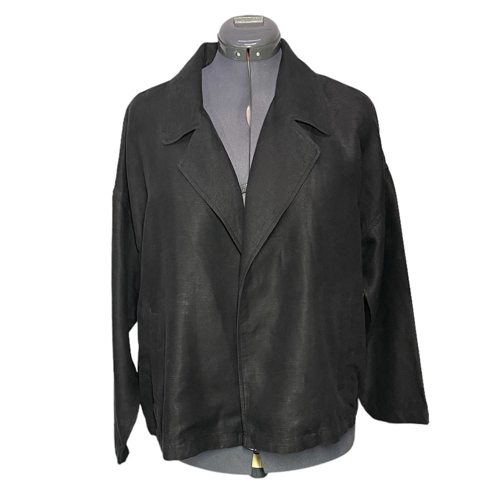 Eileen Fisher Jacket Blazer Tencel & Organic Linen Slub Open Front Medium Black